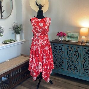 Eliza J NWT 16 Floral Sleeveless Handkerchief Hem Midi Dress Color Poppy